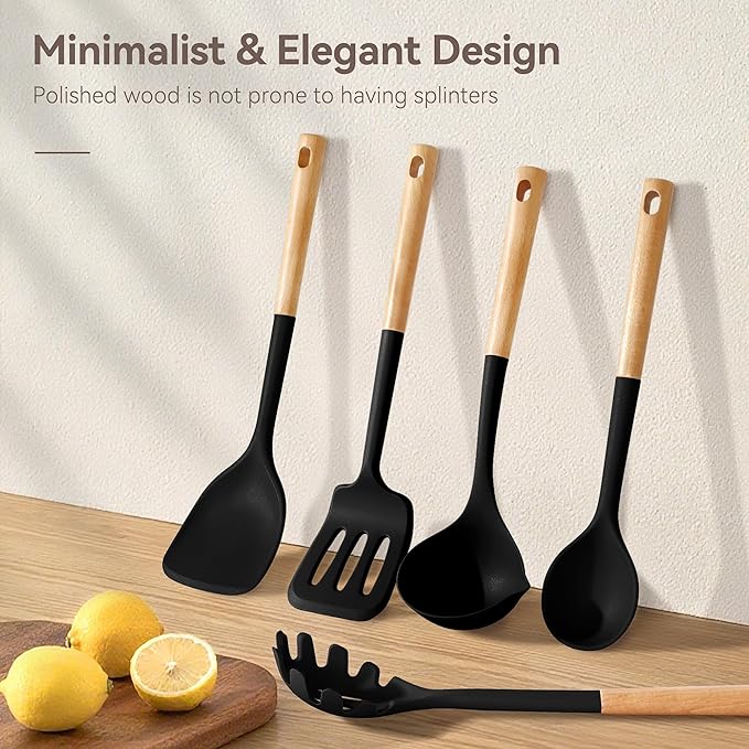 Kitchen Utensils Set, Large Non-stick Silicone Cooking Utensils Set 6 Pcs, Wooden Handle Heat Resistance Silicone Spatula Soup Ladle Pasta Server Kitchen Gadgets Utensils Set BPA Free (Black)