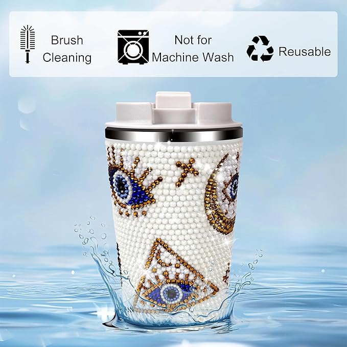 380ml Stainless Steel Sparkle Rhinestone Decorate Evil Eyes Tumbler,White Diamond Decorate Evil Eyes Students'/Auto Mug(White)