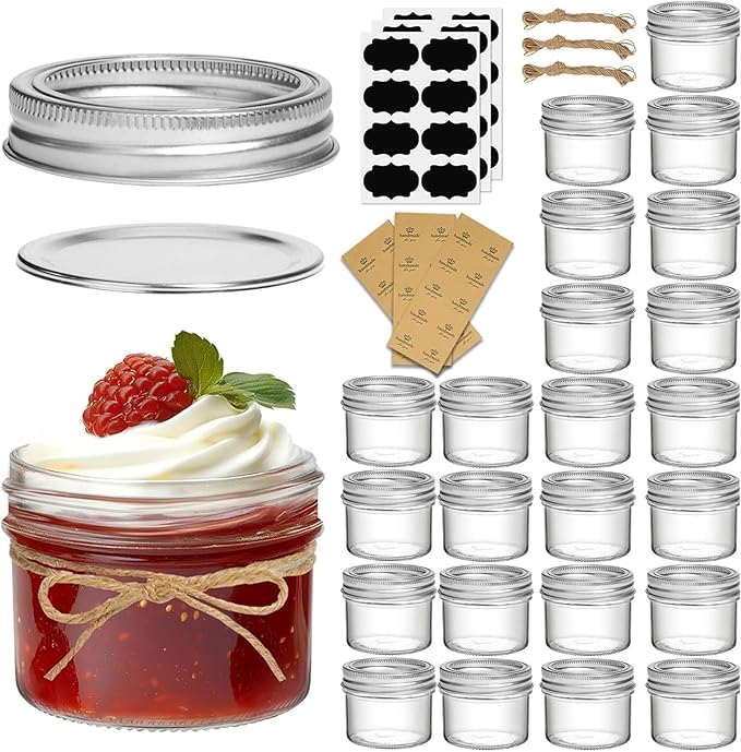 ComSaf Small Regular Mouth Mason Jars Bulk 4oz 24PCS Mini Mason Containers, Small Canning Jars, 4 oz Glass Jar with Lids for Mustards, Dipping Sauces, Jelly, DIY Candle Decor, Wedding Shower Favors