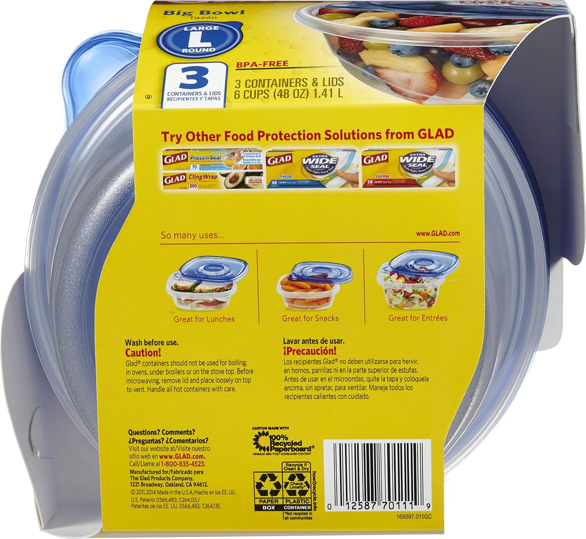 Glad Food Storage Containers - Big Bowl Container - 48 Ounce - 3 Containers