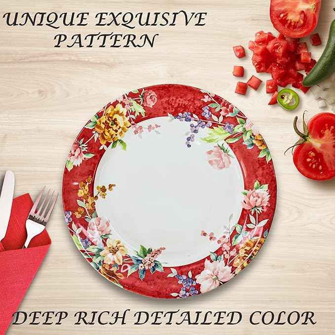 Tudor Royal 24-Piece Porcelain Round Dinnerware Set, Service for 6, Crimson Design, Summer Floral, Plates Bowls Mugs Dishes, Glossy, Premium Quality Tableware