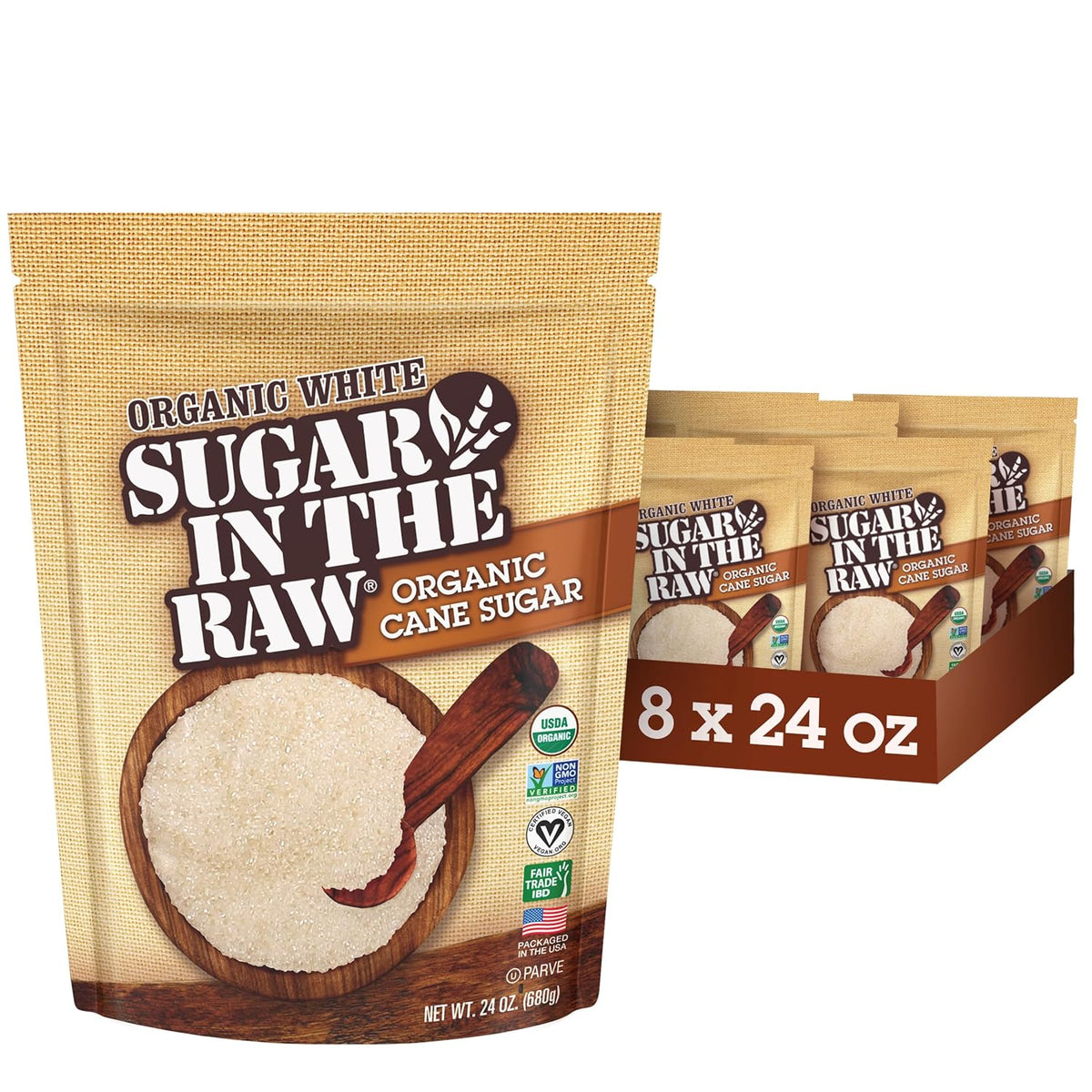 Sugar In The Raw Organic Granulated White Premium Cane Sugar, No Erythritol, Pure Natural Sweetener, Hot & Cold Drinks, Coffee, Baking, Vegan, Gluten-Free, Non-GMO, Bulk Sugar, 24 oz Bag (8-Pack)