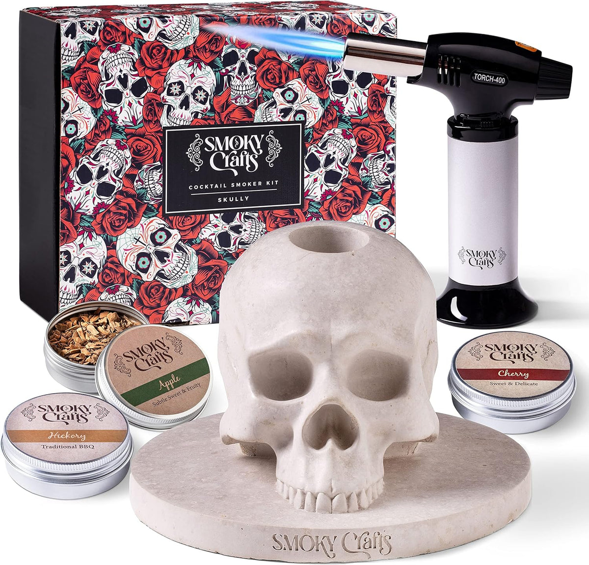 Whiskey Smoker Kit with Torch - Old Fashioned Smoker Kit comes with Skull-Shaped Smoke Infuser, Culinary Torch and Wood Chips (Apple, Cherry, Hickory) - Gifts for Men (Without Butane)