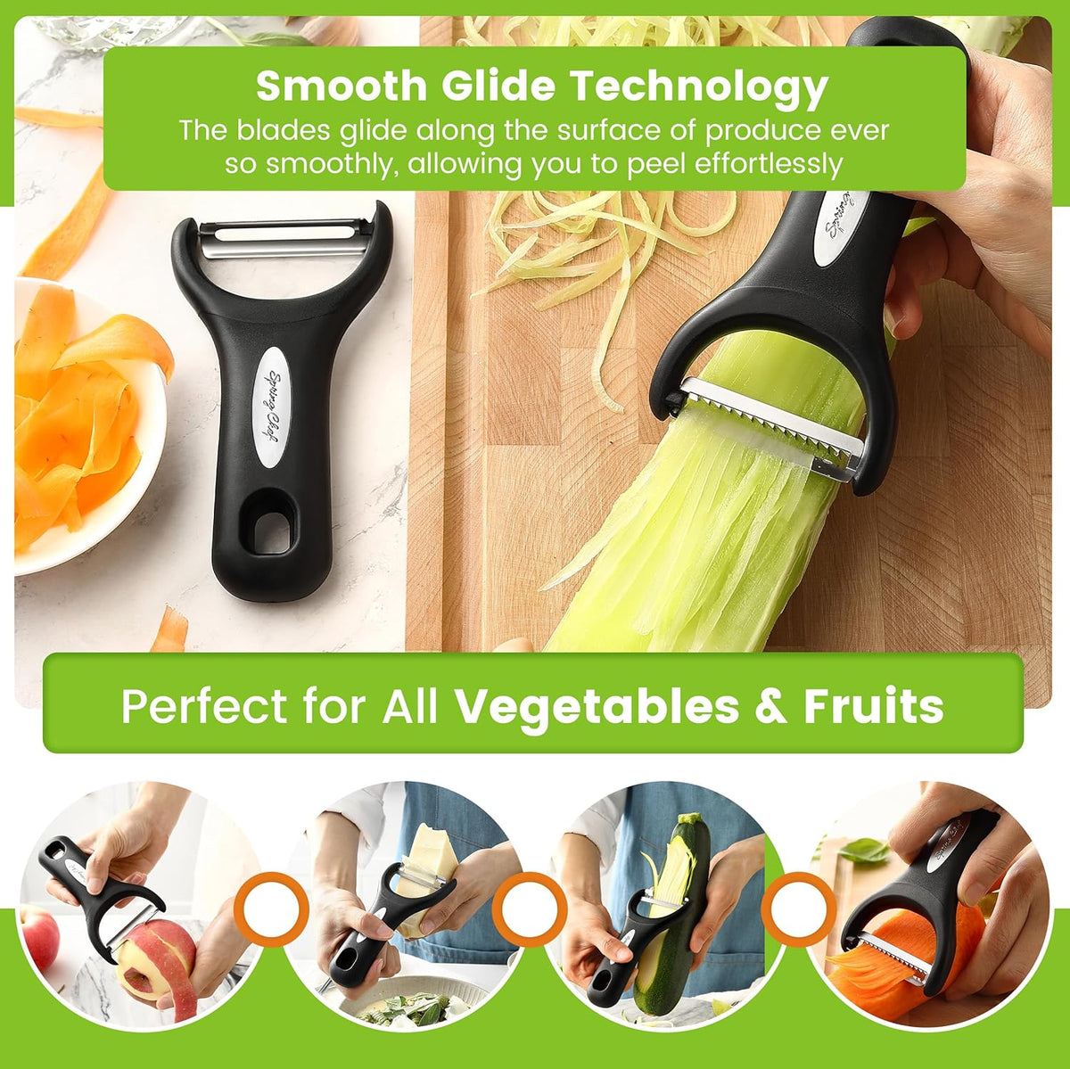 Spring Chef Premium Y & Vegetable Julienne Peeler Set for Kitchen with Stainless Steel Sharp Blades - Carrot Peelers with Comfortable Handles - Perfect for Zucchini, Cucumber, Papaya, Potato - Black