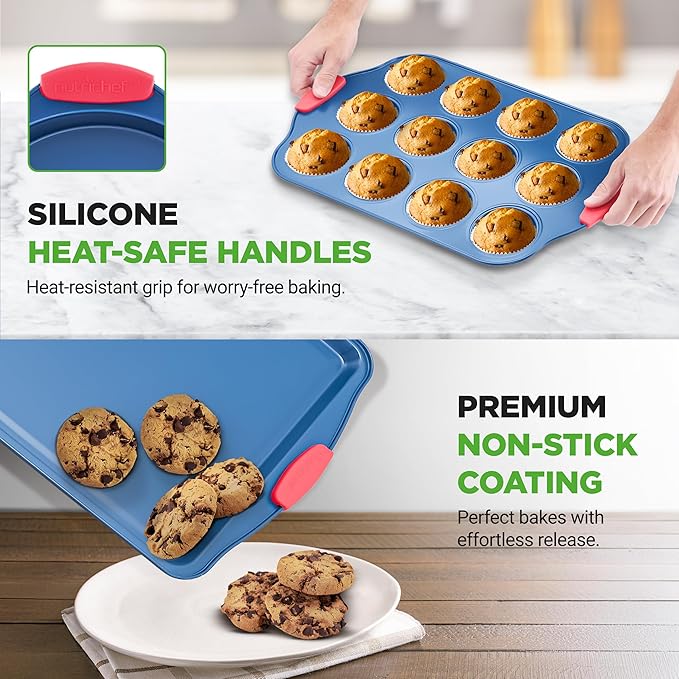 NutriChef 8-Piece Bakeware Set - Nonstick Carbon Steel Baking Pans with Red Silicone Handles, Blue Coating, Durable & Stain-Resistant, Perfect for Baking Cakes, Muffins, Cookies (Blue)