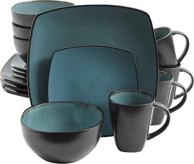 Gibson Elite Soho Lounge 16-Piece Reactive Glaze Dinnerware Set – Teal and Black Tutone Stoneware Plates and Bowls