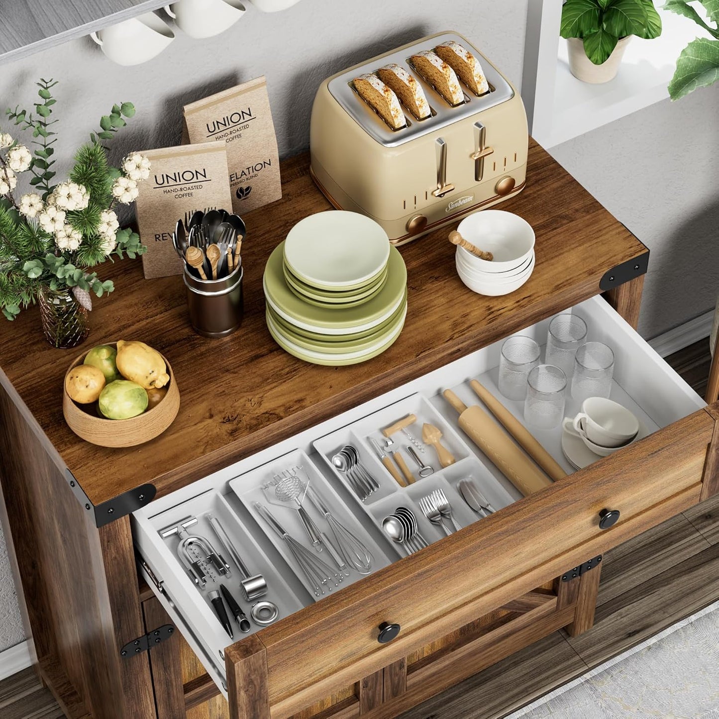 YESHOMY Farmhouse Coffee Bar Cabinet Sideboards, with Barn Doors, Spacious Drawer, Adjustable Interior Shelf, Generous Top Surface, for Kitchen, Bathroom, Entryway, Living Room, Pure Brown