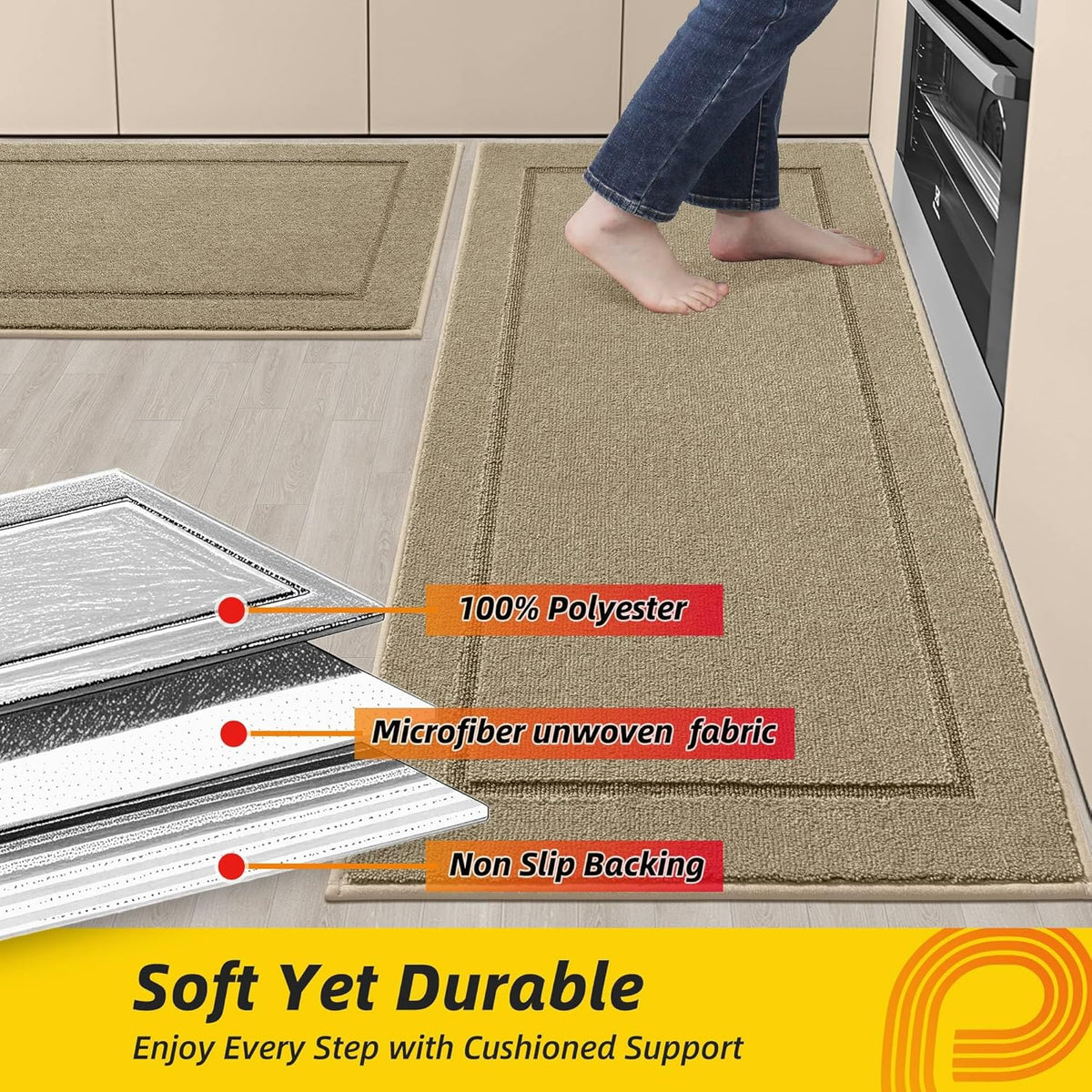 JSEI Non-Slip Kitchen Mats, Self Adhesive No Sliding Kitchen Rugs Set of 2, Washable Absorbent Floor Mat for Kitchen, Bathroom, Laundry Room, Bedroom, 24”x36”+24”x60”, Beige, Rectangular Pattern