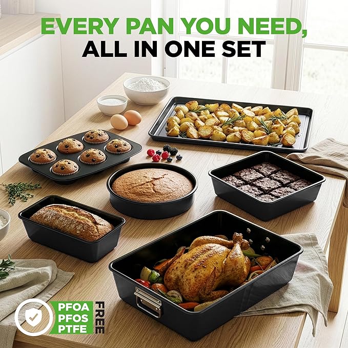 NutriChef 8-Piece Stackable Nonstick Bakeware Set - Premium Steel Baking Pans Set - Includes Round Cake Pan, 6-Cup Muffin Pans, Wide/Square Brownie & Loaf Pans, Cookie Sheet, & Roaster Pan (Black)