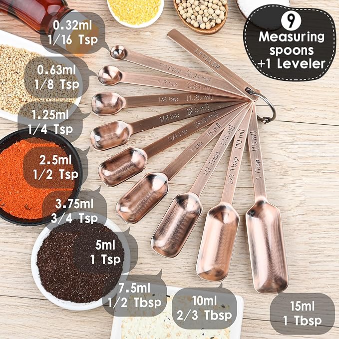 Measuring Cups and Spoons Set, Copper Plated Measuring Cups Spoons, Stainless Steel 7 Measuring cups and 9 Measuring Spoons 1 Leveler for Baking and Kitchen