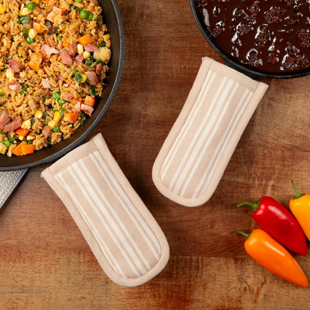 Sticky Toffee Pan Handle Covers 2-Pack – 3x6 in Tan Heat Resistant Sleeves for Cast Iron Skillets and Hot Pots, Oeko-Tex Cotton Handle Holders