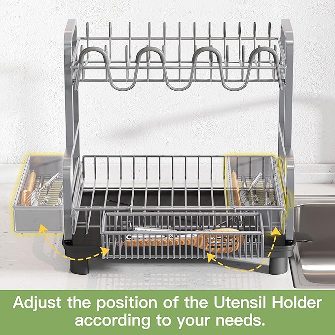 romision 2 Tier Compact Stainless Steel Dish Drainers Drying Rack for Kitchen Counter, Space Saving, Rust Proof Plate Strainers Holder On Countertop with Drainboard, Modern Gray, Small