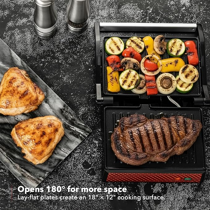 OVENTE Electric Indoor Panini Press Grill and Sandwich Maker with Non-Stick Coated Plates, Cool-Touch Handle and Removable Drip Tray, Opens 180 Degrees to Fit Any Type or Size of Food, Red GP0620R