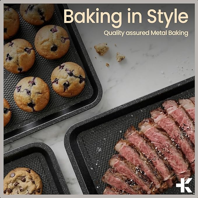 BAKKEN Kitchen Baking Pans - Nonstick Gray Coating, 13.58’’ × 9.65’’ Commercial Grade Carbon Steel Cookie Sheet, Diamond Texture Bottom, PFOA, PFOS, PTFE Free, Oven Safe Tray (450°F), Gray Marble