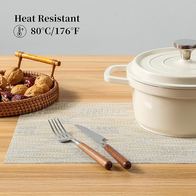 Leetaltree Wheat Placemats Set of 8 - Heat Resistant Non-Slip Place mats for Dining Table, Washable Durable PVC Vinyl Woven Table Mats（Wheat, 8）