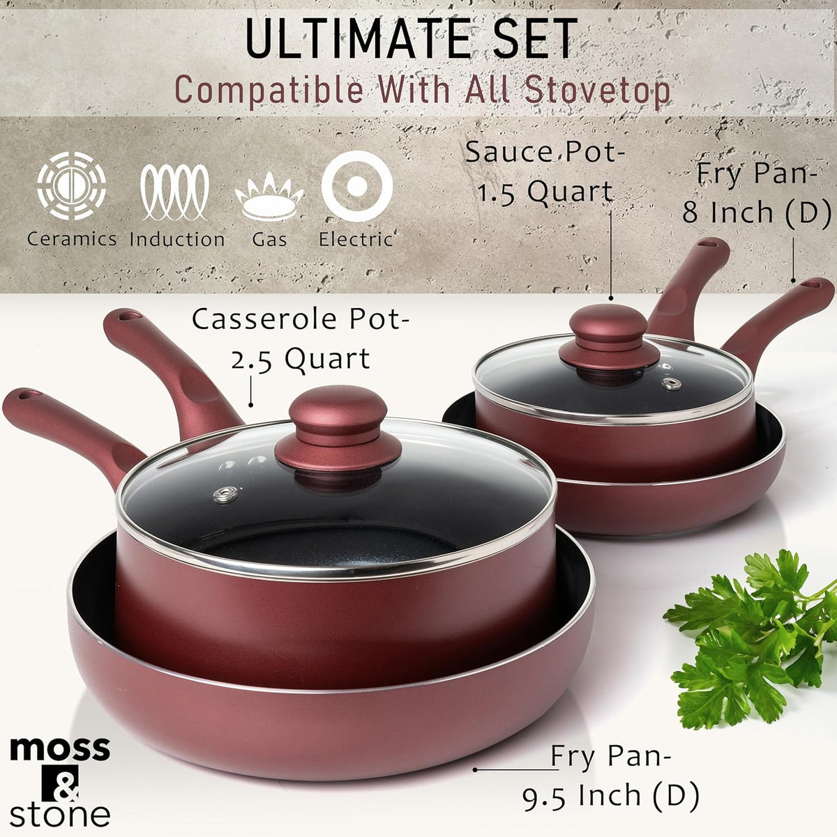 Moss & Stone 6 Pcs Nonstick Cookware Set, Pots And Pans Set Non stick With Glass Lid, Induction Cookware, Stay-Cool Handle PTFE/PFOA Kitchen Pots 6-Piece with Frying Pans & Saucepan, Burgundy