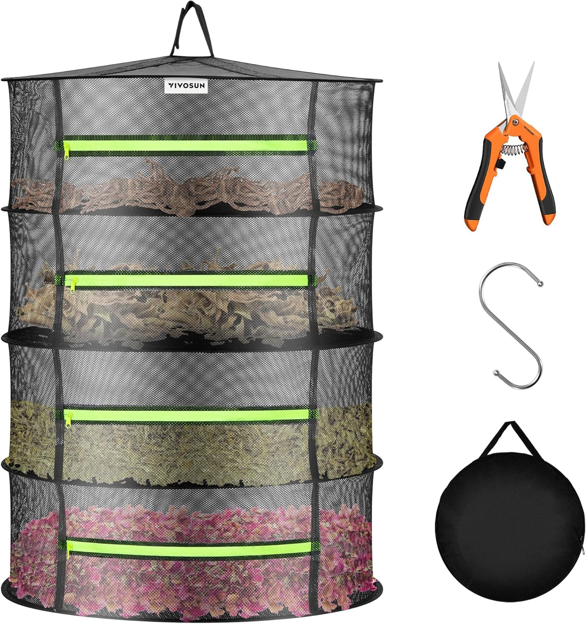 VIVOSUN 4-Layer Mesh Drying Rack Hanging Design with Green Zippers for Dehydrating, Indoor and Outdoor Pruning Shears Included