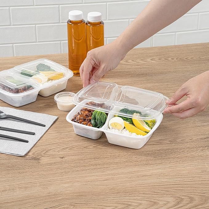 Restaurantware Asporto 32 Ounce Compartment Take Out Boxes 100 Microwavable Meal Prep Containers - 2 Compartments With Clear Plastic Lids White Plastic Food Containers Do Not Contain BPA