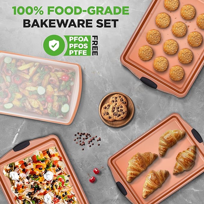 NutriChef 5-Piece Bakeware Set – Premium Non-Stick, Stackable Kitchen Baking Pans with Silicone Handles – Includes 3 Cookie Sheets, Baking Pan & Lid – Perfect for Cakes, Cookies & Brownies