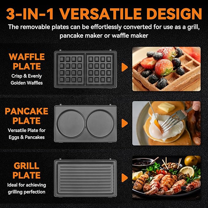 Baker’s Friend 3 in 1 Mini Waffle Maker with Removable Plates, Mini Pancake Maker, Grilled Cheese Maker, Breakfast Sandwich Maker Press, Indoor Grill, Belgian Waffle Maker, Aqua