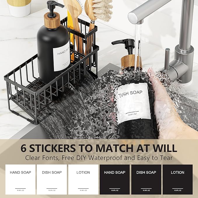 Cisily Kitchen Dish Soap Dispenser Set with 2 Pack 16.9oz Black Glass Bottle and Sponge Holder, Dish Soap Dispensers with Adjustable Sponge Holder, Vintage Hand and Dish Soap Dispensers Set