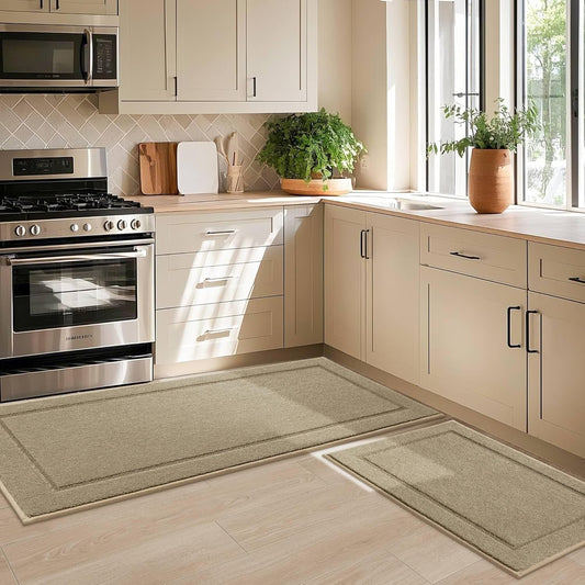 JSEI Non-Slip Kitchen Mats, Self Adhesive No Sliding Kitchen Rugs Set of 2, Washable Absorbent Floor Mat for Kitchen, Bathroom, Laundry Room, Bedroom, 24”x36”+24”x60”, Beige, Rectangular Pattern