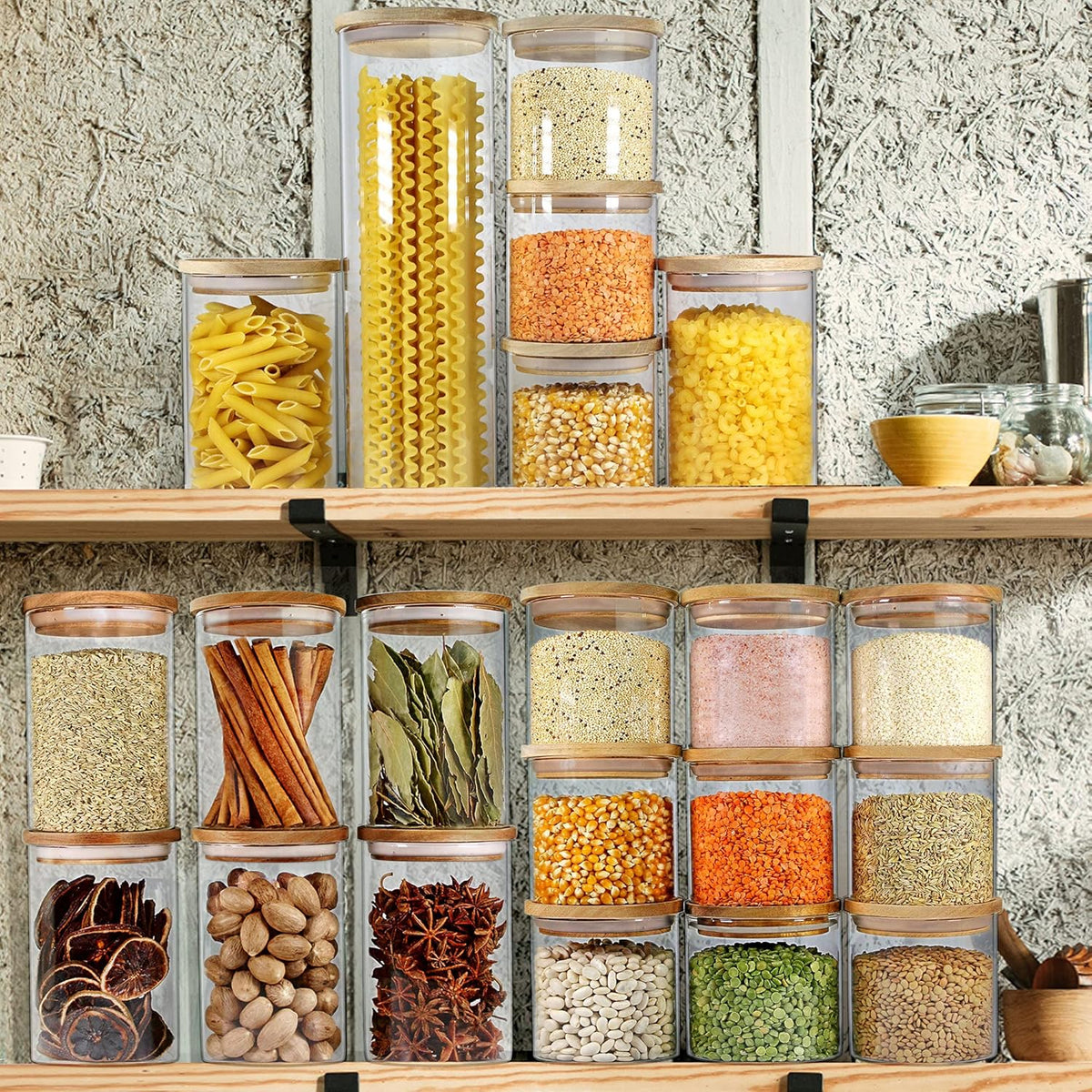 Urban Green Glass Jars with Airtight Lids, Airtight Canisters with Wood Lids, Glass Storage Containers with Bamboo Lid, Food Storage Containers Set (6 Pack of 27oz)