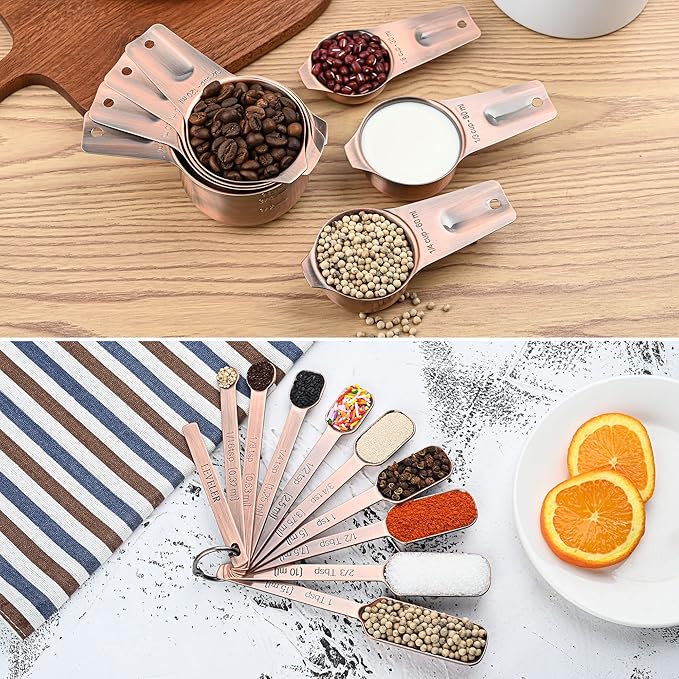 Copper Measuring Cups Set 7, Stainless Steel Measuring Cups for Kitchen & Baking, Metric & US Measuring Tools for Dry and Liquid, Metal Measure Cups with 1/8, 1/4, 1/3, 2/3, 3/4 Cup