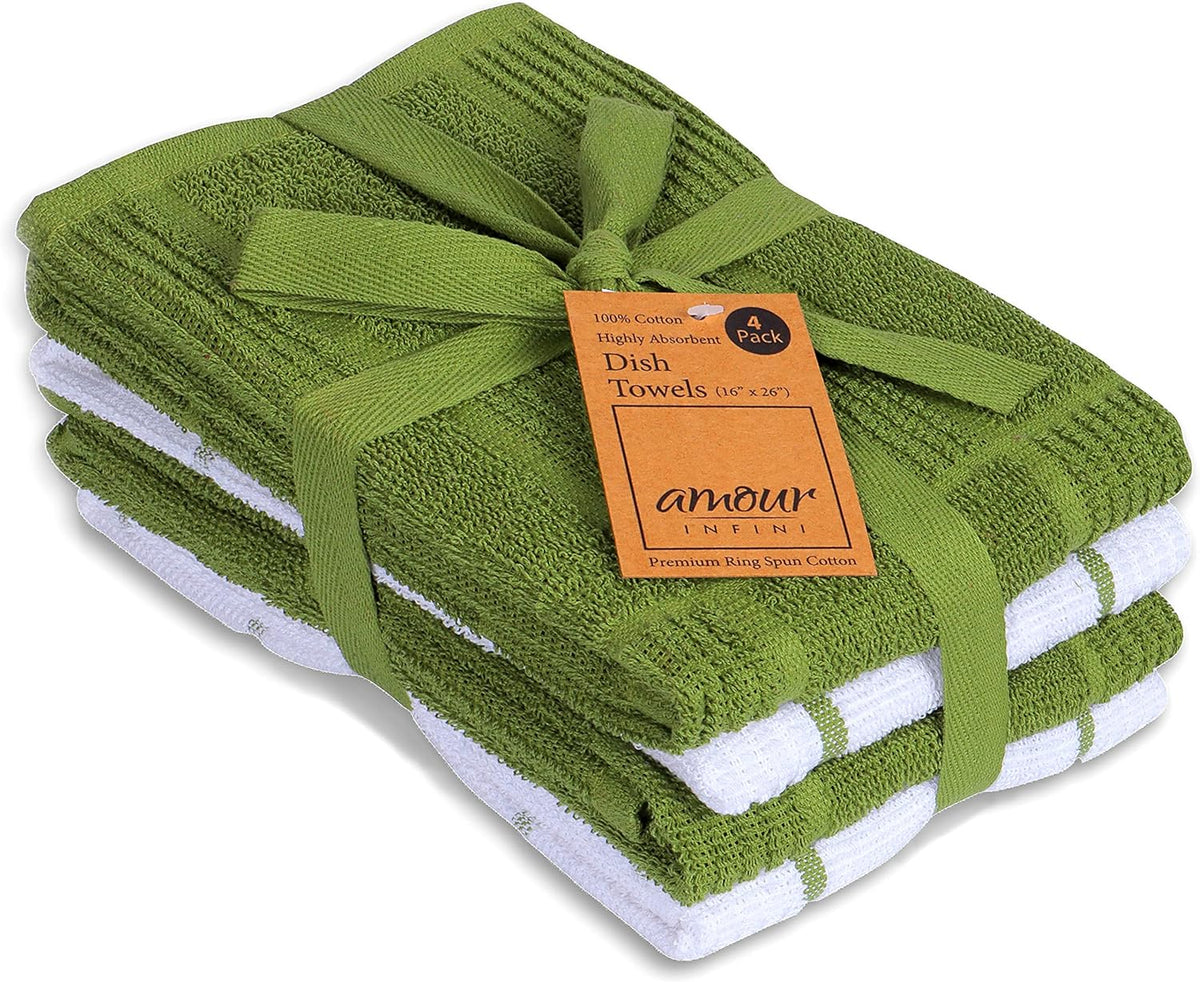 AMOUR INFINI Kitchen Towels Pack of 4 Absorbent, Quick Drying Premium Terry Cotton Dish Towel with Hanging Loop 16x28 Inch Hand & Tea Towels (Green)