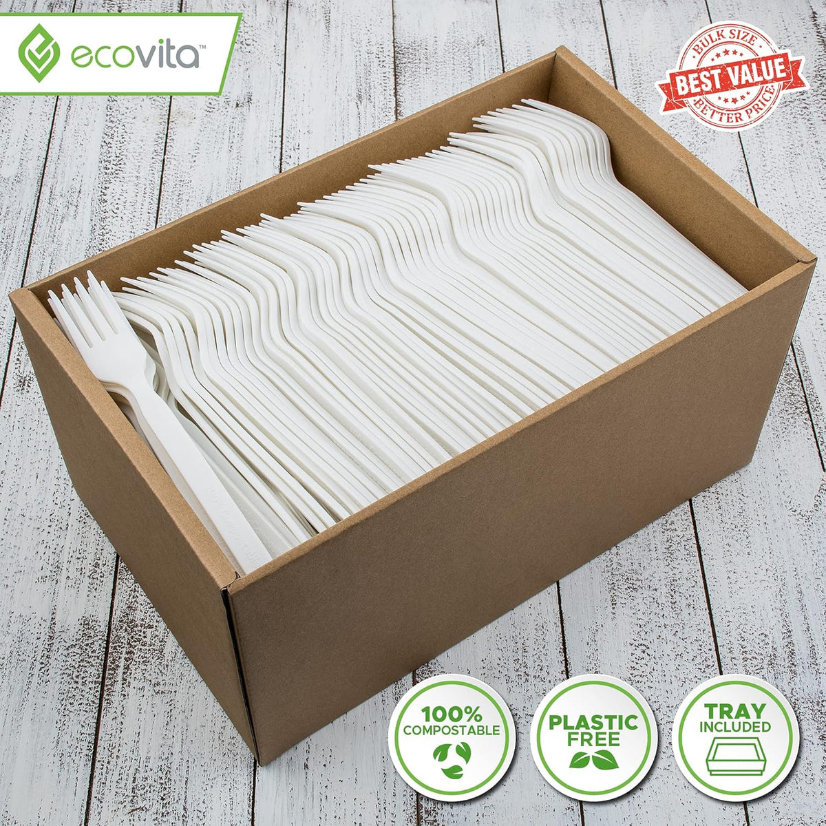 100% Compostable Forks - 500 Large Disposable Utensils (7 in.) Bulk Size Eco Friendly Durable and Heat Resistant Alternative to Plastic Forks with Convenient Tray
