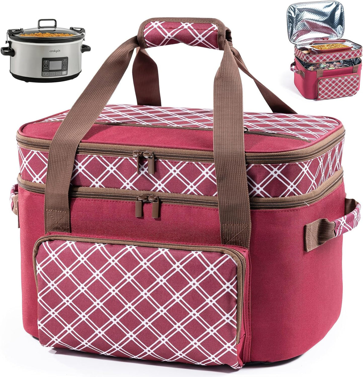 Double Layer Slow Cooker Carrier Bag – Fits 6–8 Qt Oval Slow Cooker Compatible with CrockPot & Hamilton Beach | Insulated Travel Tote with Utensil Storage & Adjustable Straps