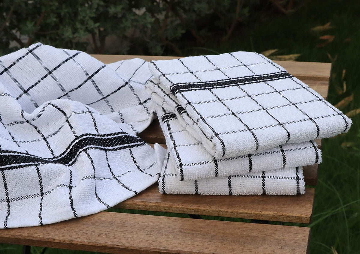 AMOUR INFINI Terry Cotton Kitchen Towels 4-Pack - Large 18 x 28 Inch, Absorbent & Soft Dish Towel with Hanging Loop, Washable Ideal for Cleaning, Drying (Black)