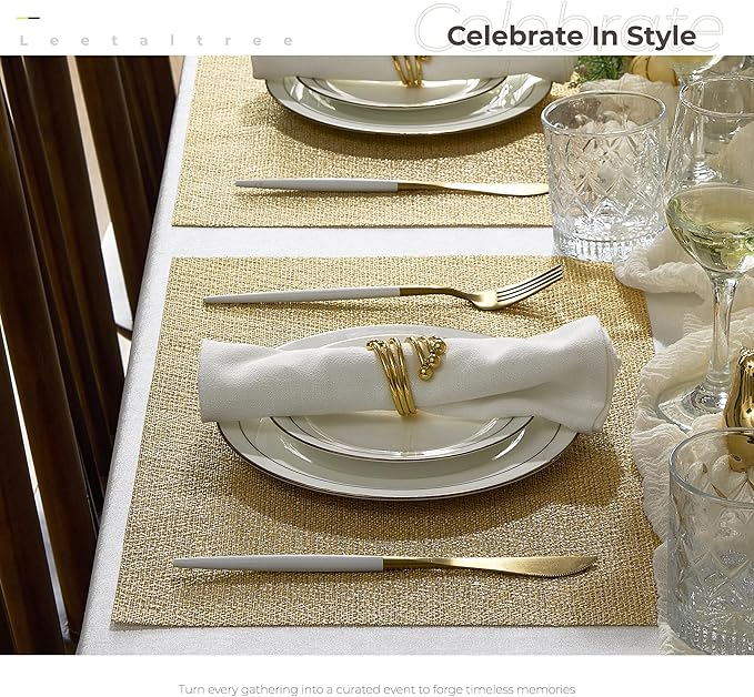 Leetaltree Gold Placemats Set of 8 - Heat Resistant Non-Slip Place mats for Dining Table, Washable Durable PVC Vinyl Woven Table Mats(Luxury Gold, 8)
