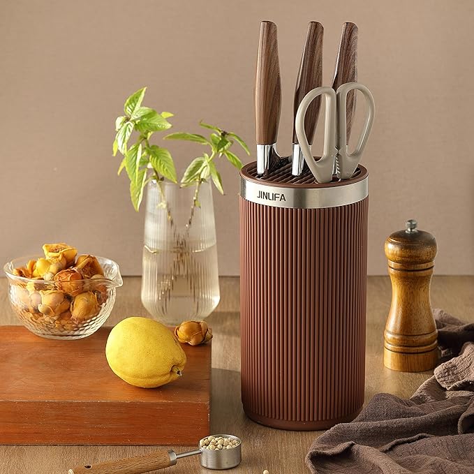 Knife Block Without Knives, JINLIFA Kitchen Knife Holder Block, Universal Knife Storage Organizer Stand Rack for Countertop (Stylish Brown Color)