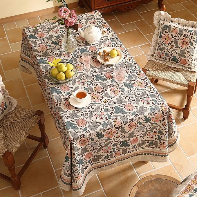 ISAENNE Designer Boho Floral Long Rectangle Tablecloth,Linen Lotus Flower Pattern Colorful Indoor Table Cloth,Durable Decor Tablecloths for Dining Thanksgiving Kitchen Christmas,63"*94"-Hazel A