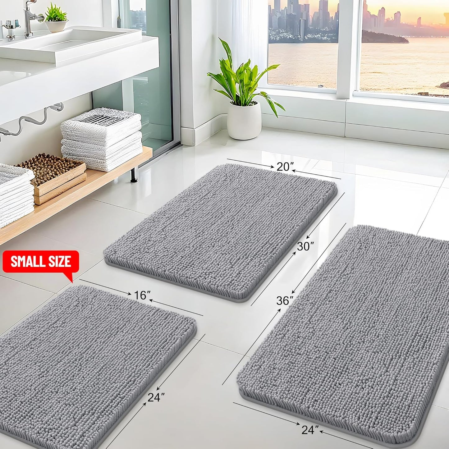 Arotive Bathroom Rugs 40x32, Extra Soft Absorbent Shaggy Chenille Bath Rugs, Machine Washable Rubber Backing Non-Slip Bath Mats for Bathroom Floor Tub and Shower, Home Decor Accessories, Grey