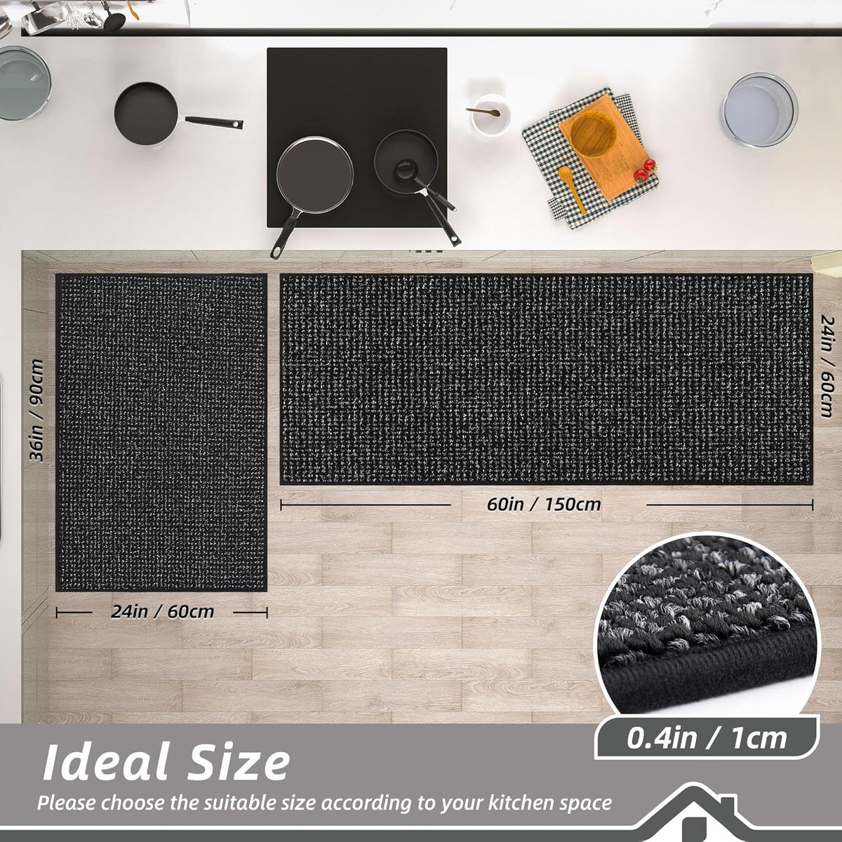 BEQHAUSE Kitchen Rugs and Mats 2PCS, Non-Slip Kitchen Mats for Floor, Absorbent and Stain Resistant Kitchen Runner, Machine Washable Rugs for Kitchen, Laundry & Sink, 24"x36"+24"x60", Black