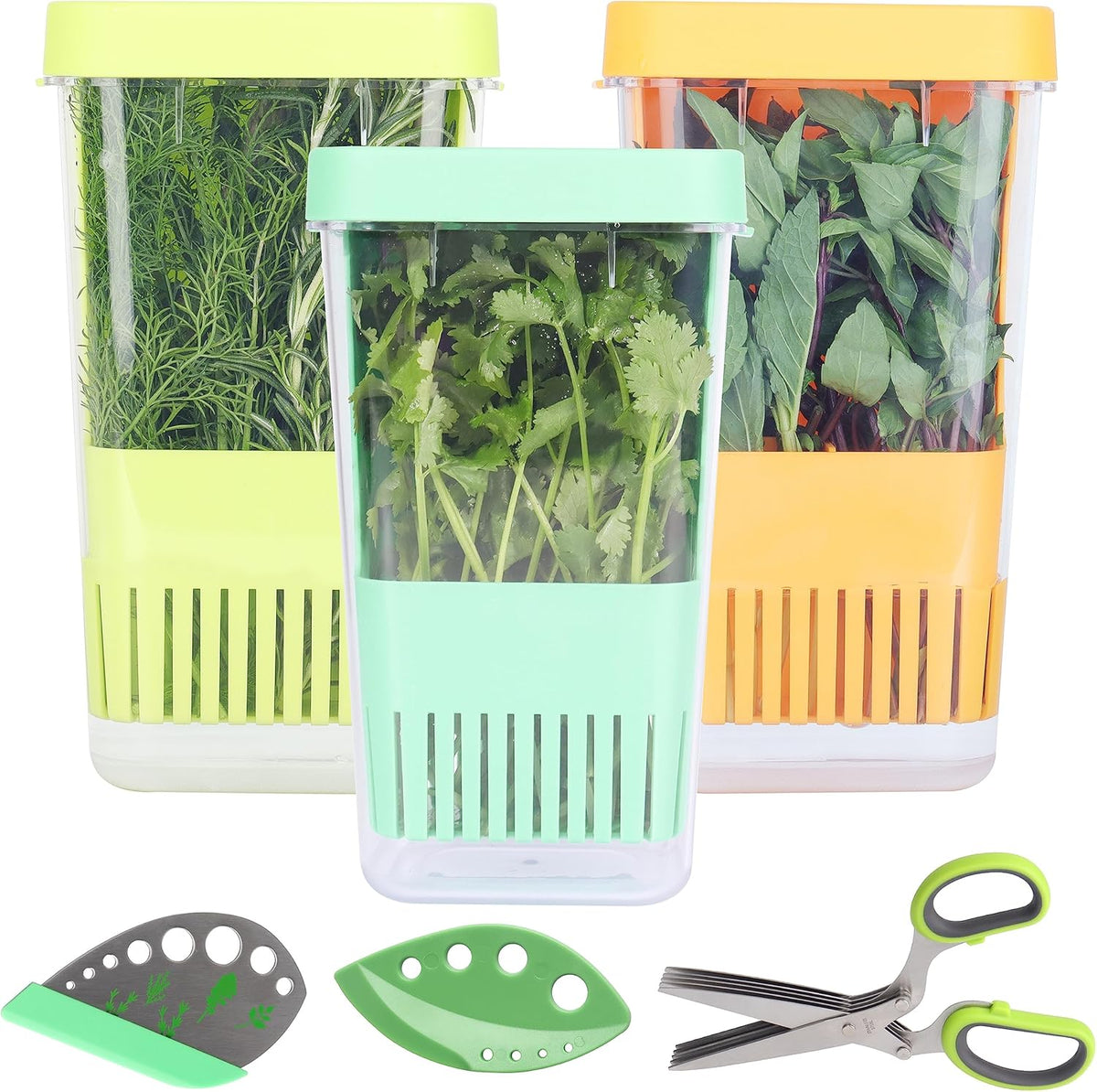 Herb Keeper Set: 3 Pack Herb Saver+1 Pack Herb Scissors+2 Pack Herb Stripper, BPA-Free Plastic Herb Container for Cilantro, Mint & Asparagus, Keeps Fresh Herbs for 3 Times Longer