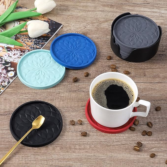 ME.FAN Silicone Coasters with Holder,[6 Pack] Drinking Coasters - Cup Mat for Hot or Cold Drinks, Thickened, Non-Slip, Non-stick,Deep Tray Sky Blue