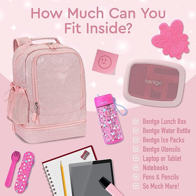 Bentgo Kids 2-in-1 Backpack & Insulated Lunch Bag - Glitter Designed 16” Backpack for School & Travel - Durable, Water Resistant, Padded, & Large Compartments (Glitter Edition - Petal Pink)