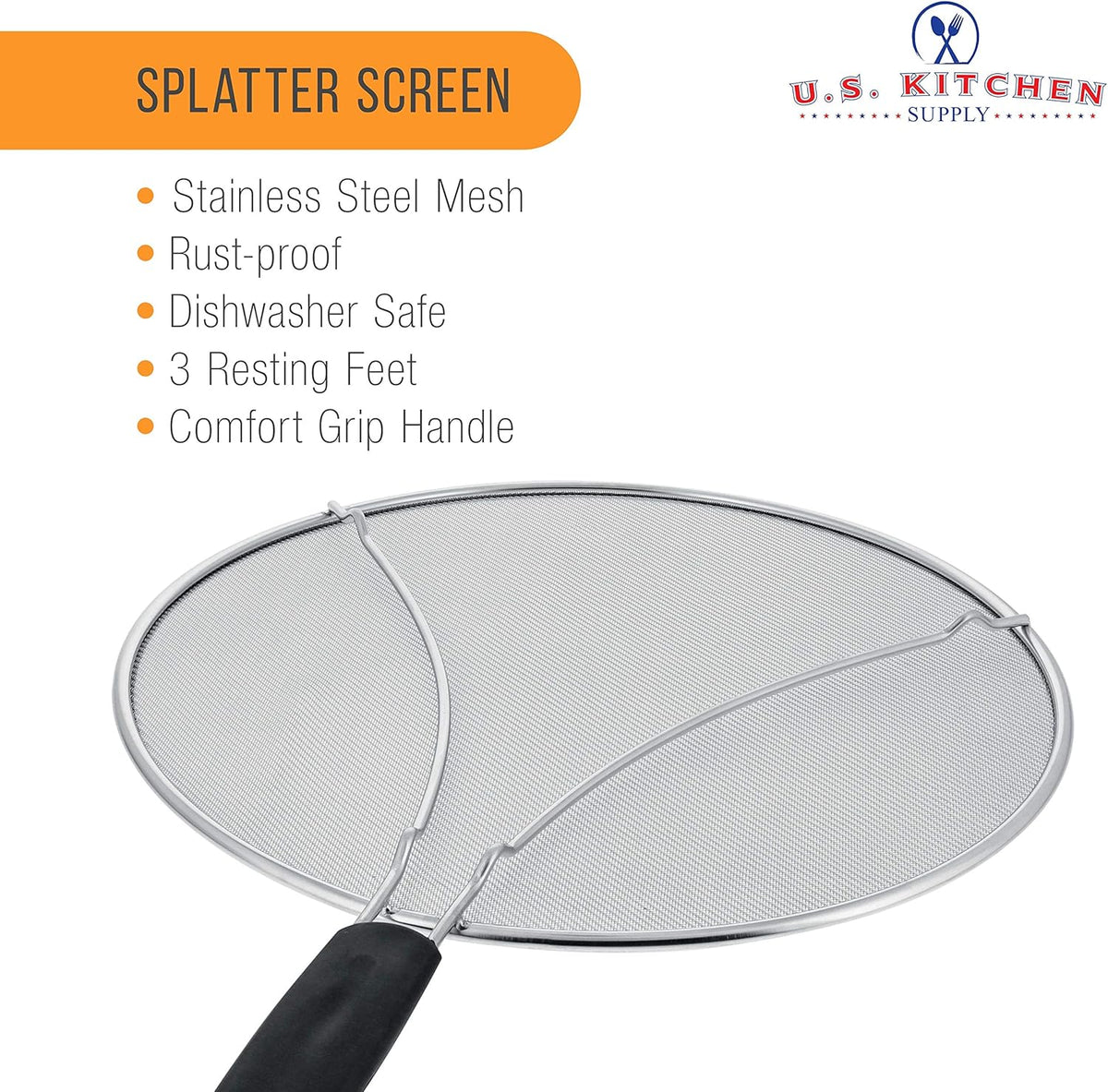 U.S. Kitchen Supply Stainless Steel Splatter Guard 13" Fine Mesh Cover, Grease & Oil, Splatter Screen for Frying Pan, Cooking Pots, with Resting Feet & Comfort Grip Handle
