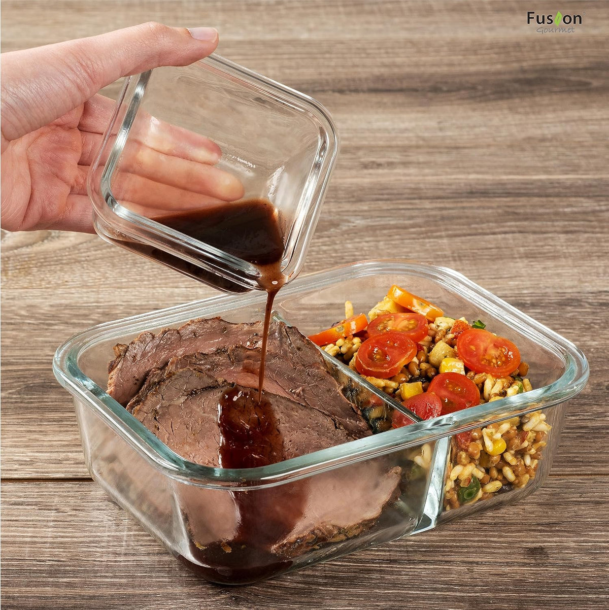 Fusion Gourmet Glass Meal Prep Containers with Lids [8 Pack, 33 oz & 4.5 oz] - 2 Compartment Divided Glass Bento Boxes for Adults, Oven Safe & Airtight