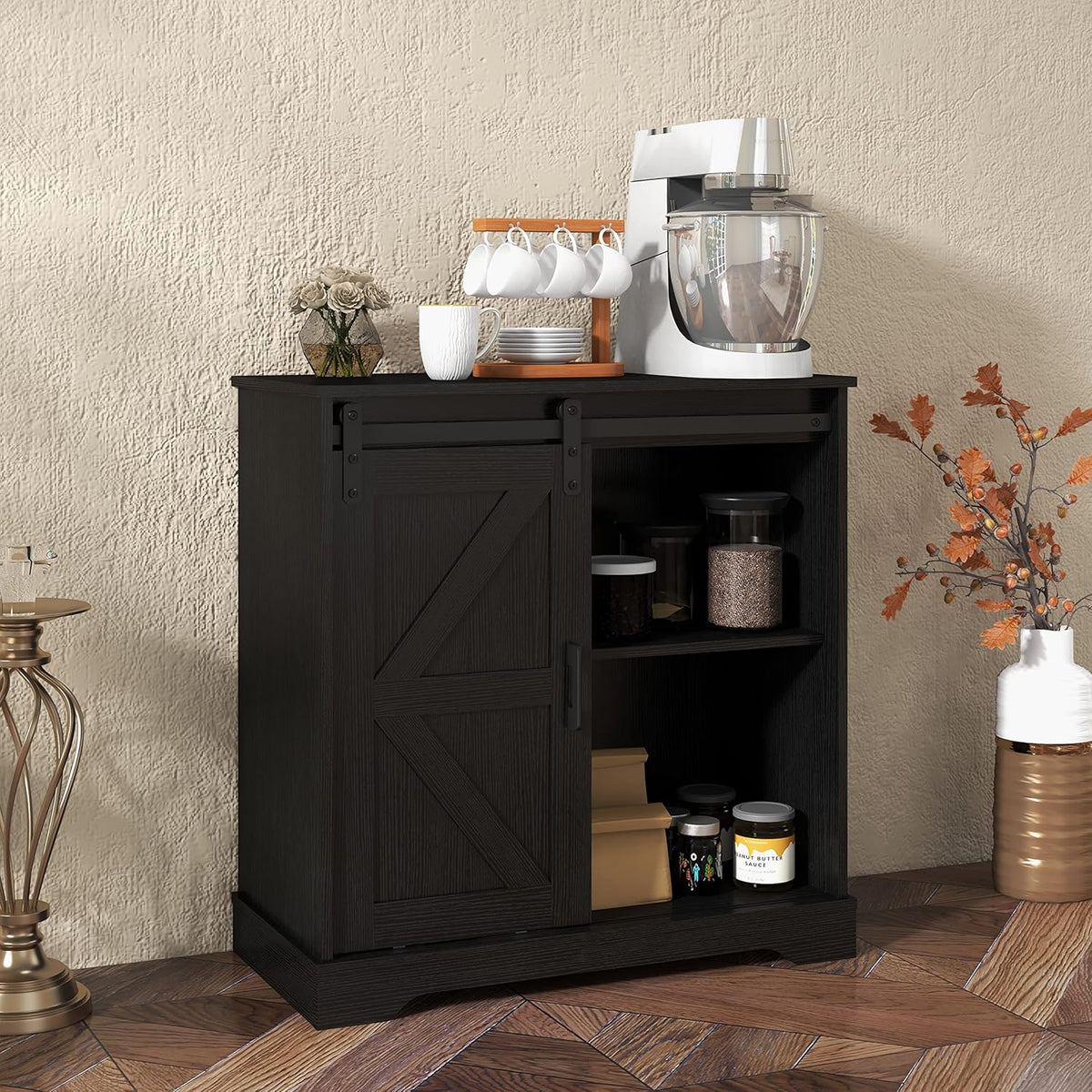 Panana Sliding Barn Door Buffet Sideboard Storage Cabinet Coffee Bar Kitchen Farmhouse Style (Black)