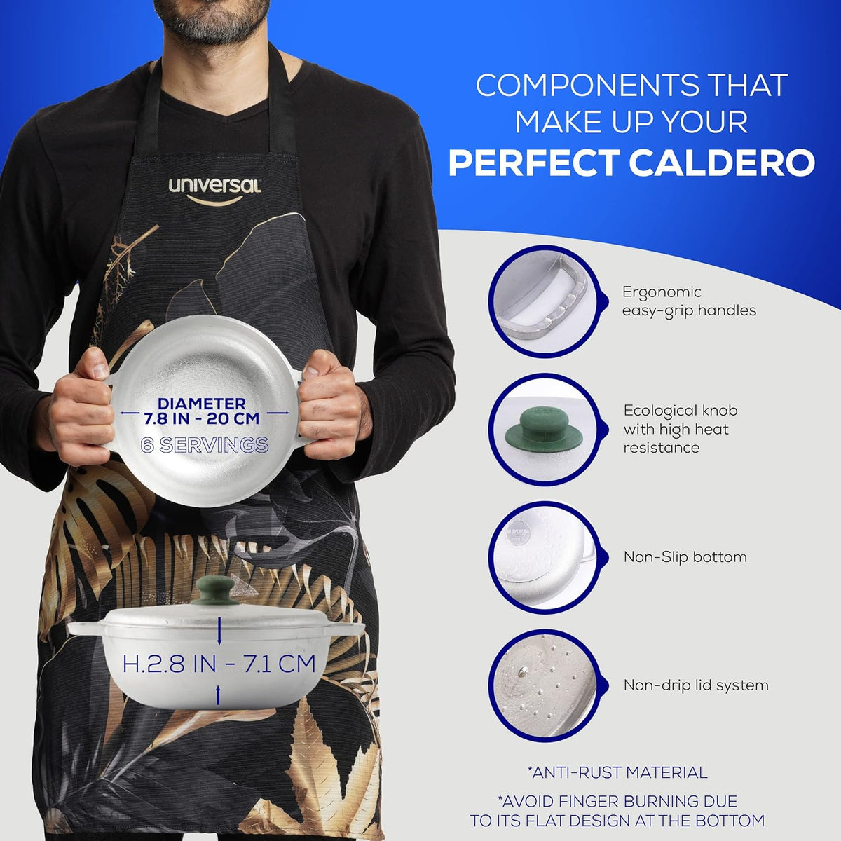 Universal (Extra Small) Caldero 6 Cups - 1.8 QT / 1.7 L, Stainless Aluminum Pot, Even Heat Distribution and Fast Cooking Dutch Oven Pot, Ergonomic Handles, Ideal for Rice, French Fries, and More