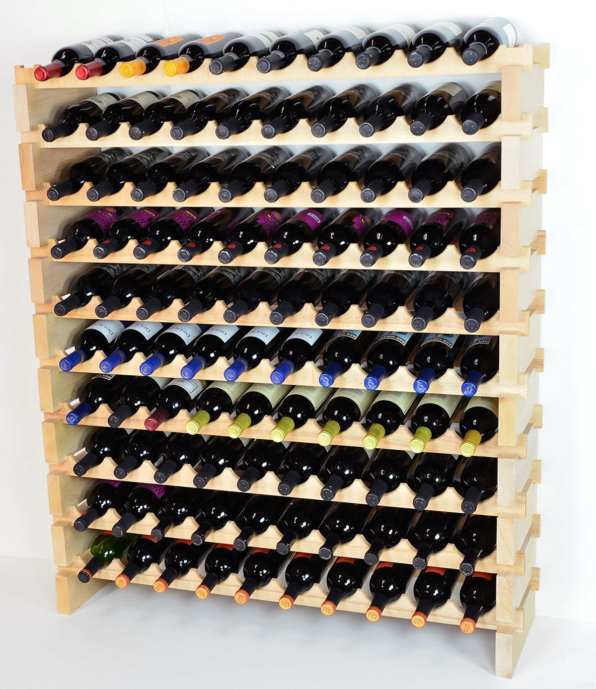 Modular Wine Rack Beechwood 40-120 Bottle Capacity 10 Bottles Across up to 12 Rows Newest Improved Model (100 Bottle - 10 Rows)