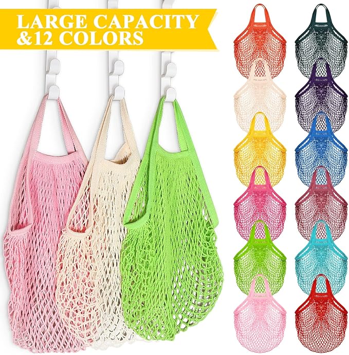 Shappy 12 Pack Reusable Mesh Grocery Bags Large Crochet Market Bag Cotton Kitchen Tote for Fruit Vegetable Storage