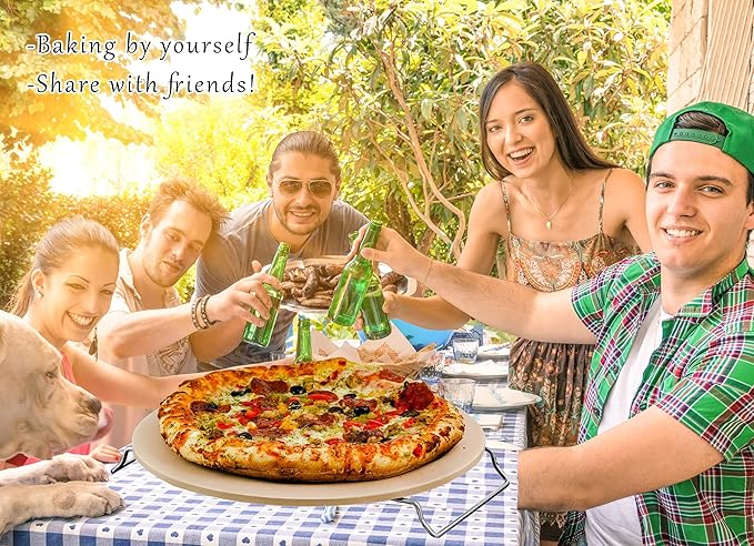 13 Inch Round Pizza Stones for Grill and Oven, Cordierite Baking Stones Set with Serving Rack & Cutter, Durable and Safe Cooking Stone Pan for Bread