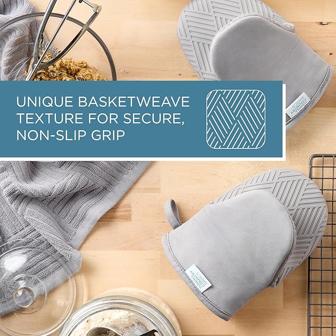 Town & Country Basics Basketweave Soft Silicone Mini Oven Mitt 2-Pack Set, Heat Resistant up to 500F, Flexible Silicone, Non-Slip Grip, Grey, 5.5"x8"