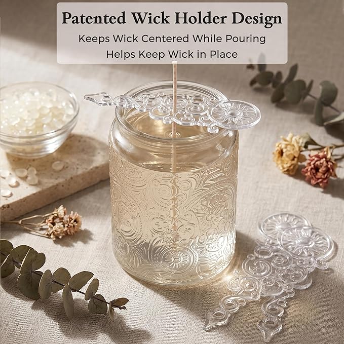 Art Secret 9-Pack 8oz Embossed Glass Candle Jars with Lids and Labels - Sun Moon Stars Design (Clear)