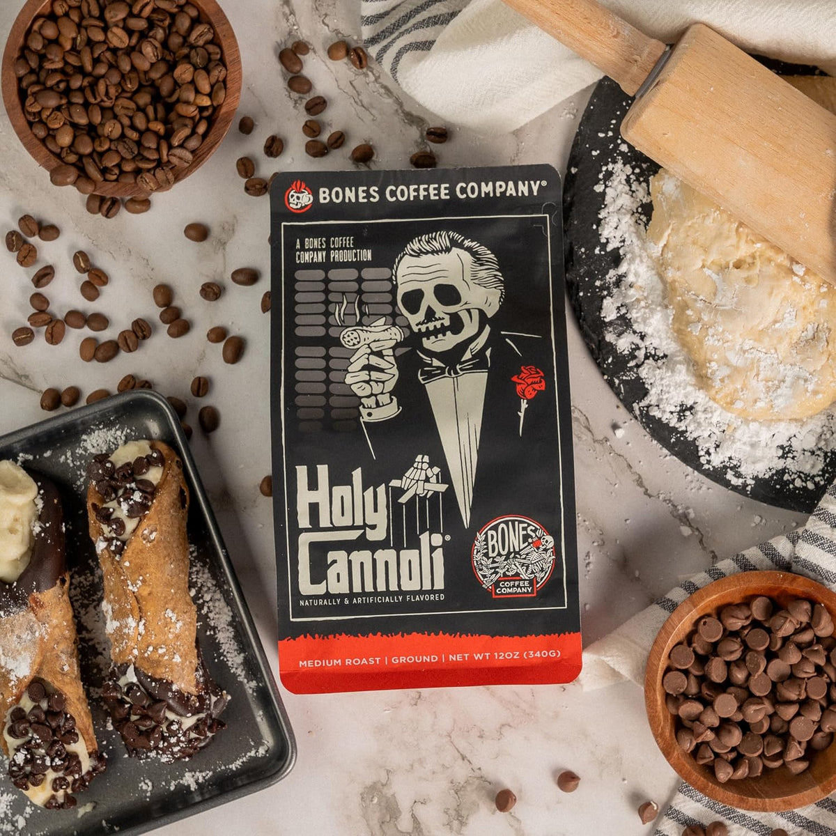 Bones Coffee Company Holy Cannoli, Baked Cannoli Flavored Coffee, Medium Roast Low Acid Arabica Beans Compatible with Auto drip and French Press Coffee Maker, 12 Oz Ground